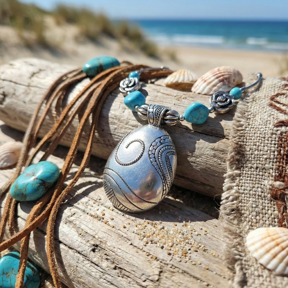 Western Boho Silver Plated Turquoise Acrylic Oval Pendant Statement Necklace